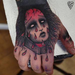 Death cries tears of blood. Tattoo by Lukasz Sokolowski #LukaszSokolowski #favoritetattoos #besttattoos #linework #blackandgrey #redink #blood #teardrops #face #portrait #ladyhead #handtattoo #death #demon