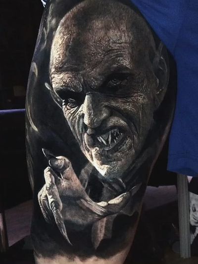 Monster tattoo by Eliot Kohek #EliotKohek #monstertattoos #monstertattoo #monster #demon #vampire #devil #ghoul #ghost #darkart #horror #realism #hyperrealism #Dracula #blackandgrey