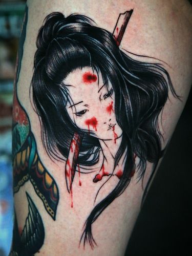 Nambuki on my inside thigh... Done yesterday ⚔️🇯🇵⚔️ Follow me on Instagram 1tombrennan #namakubitattoo #Namakubi #japanesetattoo #japanese #blood #girl #blackandgrey #blackwork #blackworktattoo#news #samurai #newschooltattoo #newschool