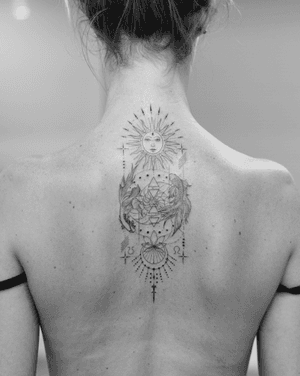Fish tattoo by Bacht #bacht #fish #sun #moon #ornamental #fineline #illustrative
